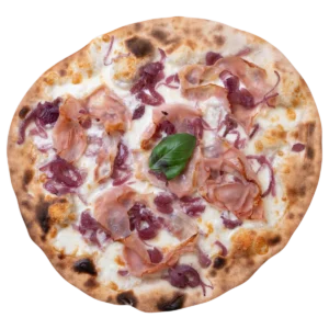 Pizza 'A Vaiassa con fior di latte, cipolla caramellata, pancetta tesa e pecorino – Vetrano Pizza, Chioggia