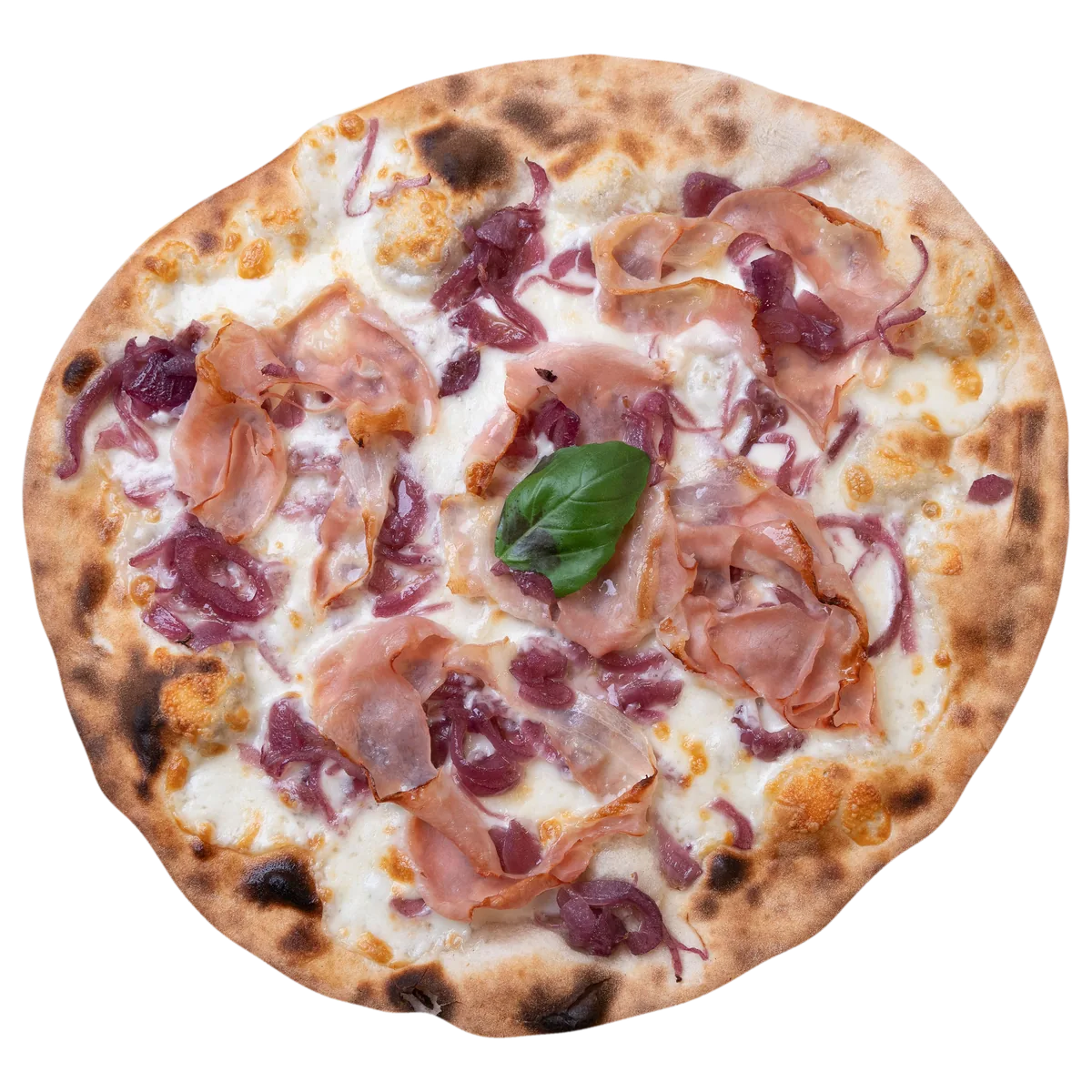 Pizza 'A Vaiassa con fior di latte, cipolla caramellata, pancetta tesa e pecorino – Vetrano Pizza, Chioggia