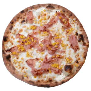 Pizza Jeje con mozzarella, prosciutto cotto, panna e mais – Vetrano Pizza, Chioggia