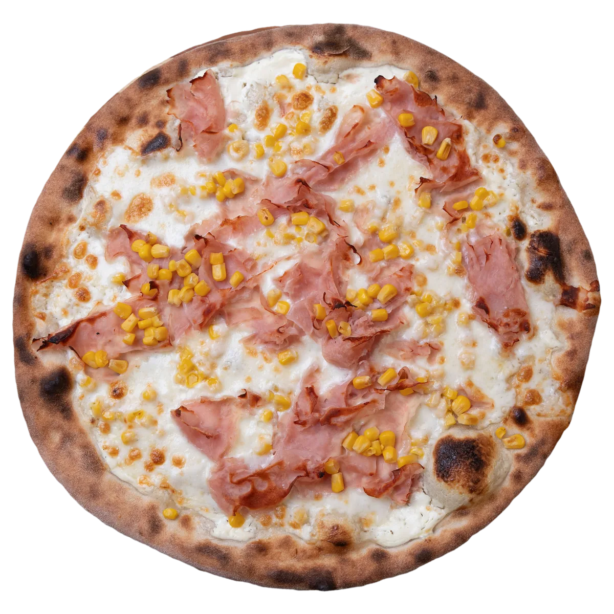 Pizza Jeje con mozzarella, prosciutto cotto, panna e mais – Vetrano Pizza, Chioggia