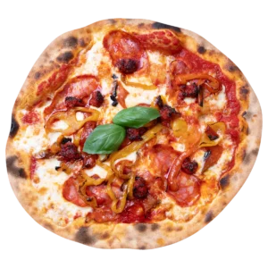 Pizza 'Nciucess con pomodoro San Marzano, mozzarella, 'nduja, salamino piccante e peperoni – Vetrano Pizza, Chioggia