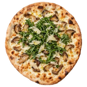 Pizza Vrenzola con provola affumicata, porcini, rucola, scaglie di grana e olio al tartufo – Vetrano Pizza, Chioggia