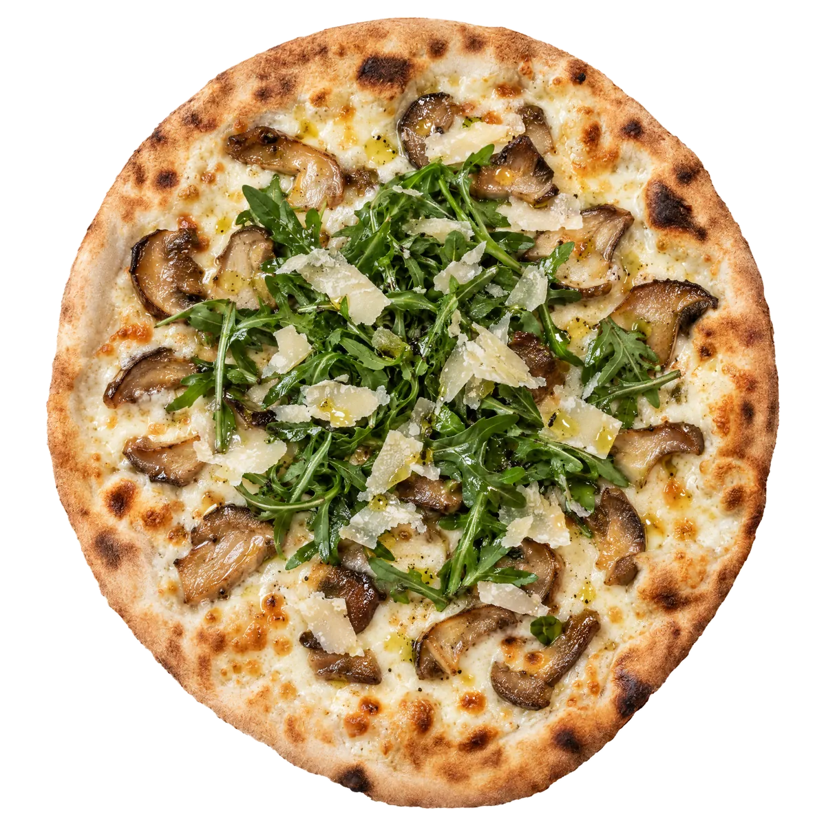 Pizza Vrenzola con provola affumicata, porcini, rucola, scaglie di grana e olio al tartufo – Vetrano Pizza, Chioggia